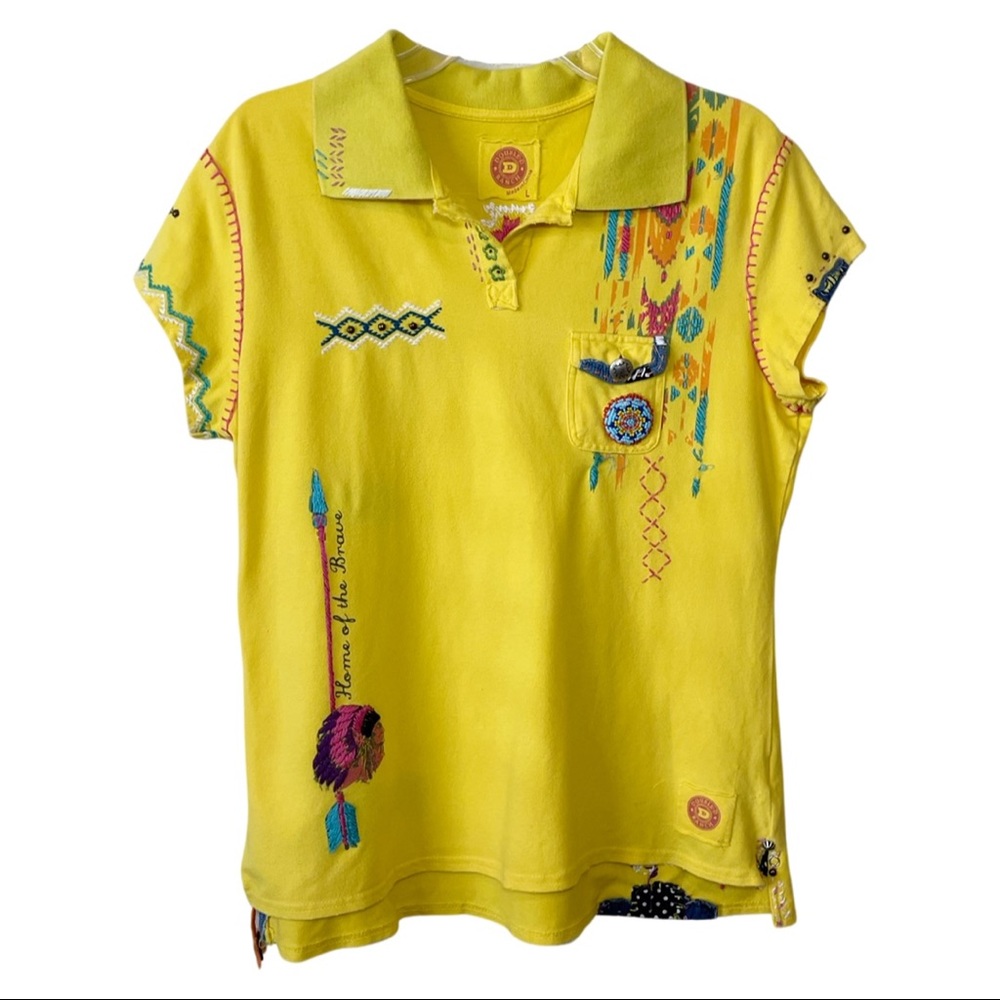 Double D Ranch Yellow Embroidered Beaded Polo Size Large